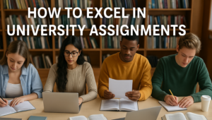 Four students sit at a table in a library, studying with laptops and papers. Above them, the text How to excel in university assignments offers inspiration. Shelves of books fill the background, creating an ideal study setting.