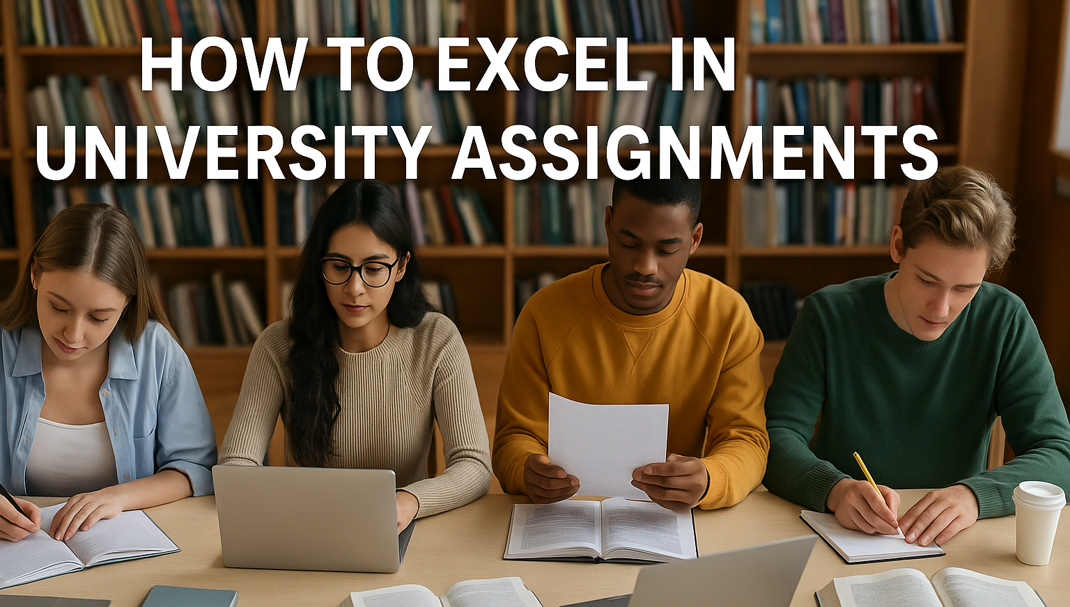 Four students sit at a table in a library, studying with laptops and papers. Above them, the text How to excel in university assignments offers inspiration. Shelves of books fill the background, creating an ideal study setting.