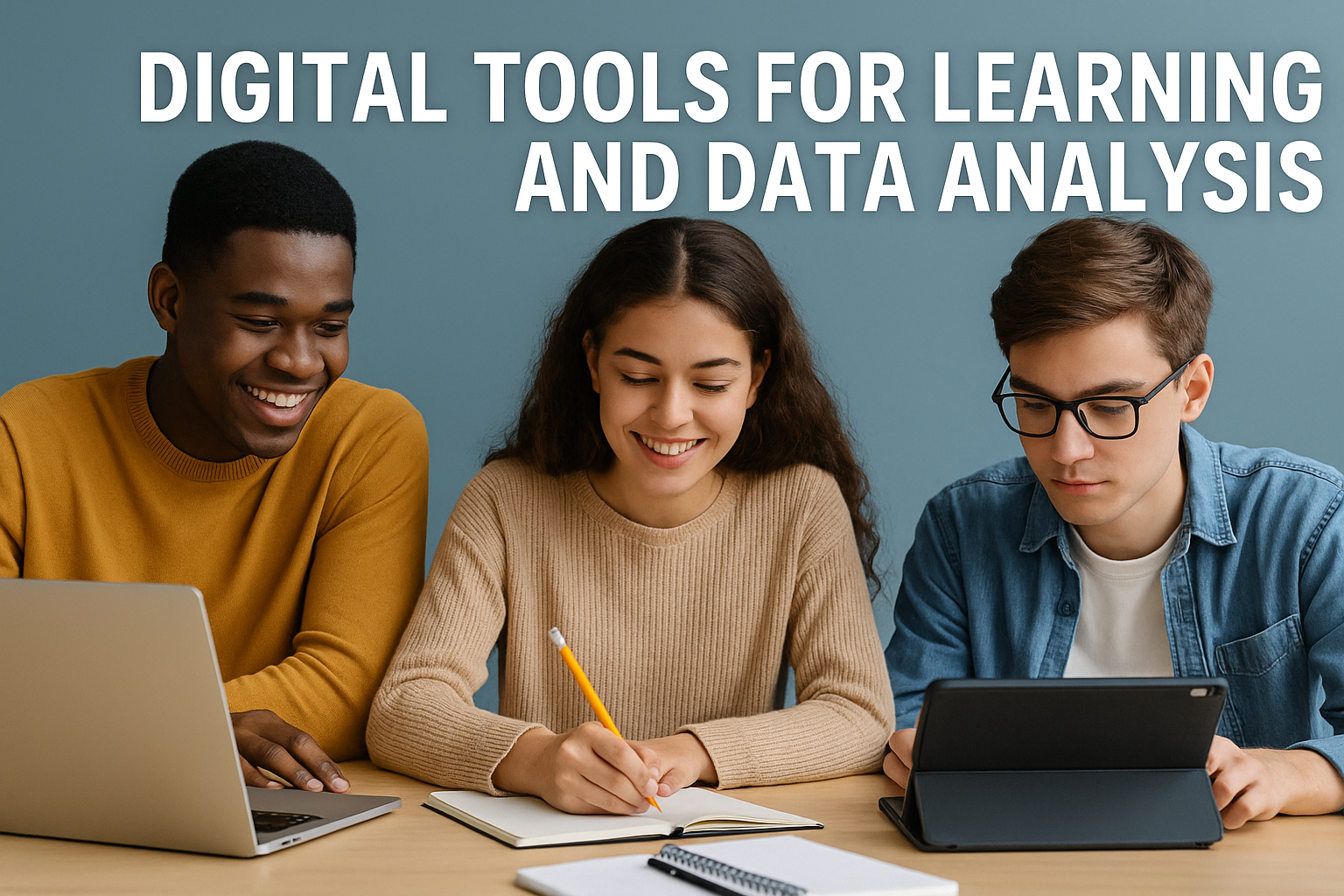 Three students sit at a table using a laptop, tablet, and notebook—demonstrating how digital tools for learning and data analysis keep them focused and engaged. The text above them highlights Digital Tools for Learning and Data Analysis.