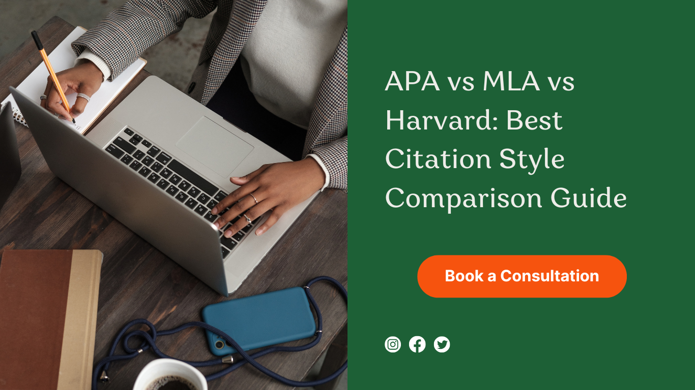A person types on a laptop at a desk, surrounded by a notebook, phone, and glasses. The screen displays APA vs MLA vs Harvard: Citation Style Comparison Guide, complete with a Book a Consultation button. Social media icons are neatly arranged at the bottom for easy sharing.