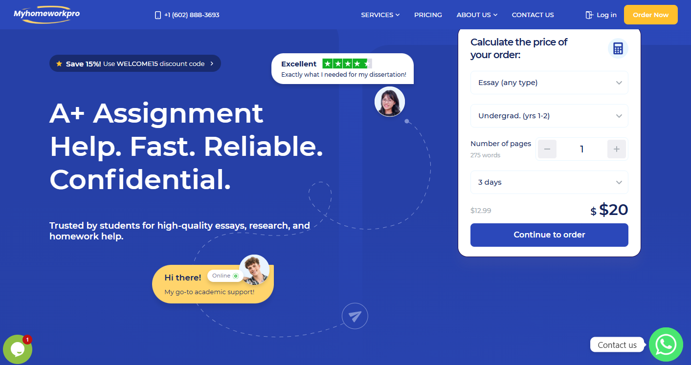 Screenshot of Myhomeworkpro website homepage offering academic assignment help. Features pricing calculator for essays, customer testimonials, and options to order, log in, or chat for assistance. Blue and white color scheme.